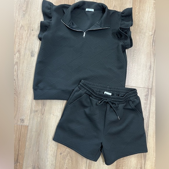 Double Take Other - Double Take Black Textured Travel Lounge Outfit Set Top and Shorts Large